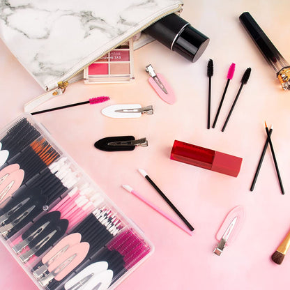 283 Pieces Makeup Tools Kit Includes Plastic Storage Organizer Box Hair Clips Eyeliner Brushes Mascara Wands and Lipstick Applicators for Lip (283A)